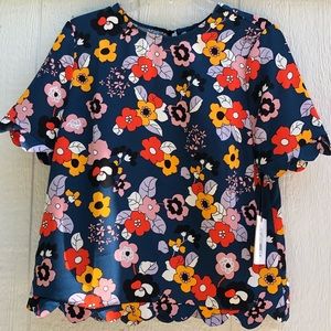 Vibrant floral scalloped edge blouse